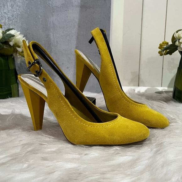 Nine West Leather Suede Epic Daffodil Round Toe Slingback Stacked High Heels 5.5 - Picture 2 of 15